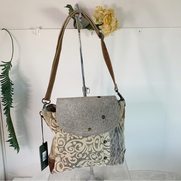 Myra Bag Factual Upcycled Canvas & Cowhide Messenger Bag S-1487 - Picture 4 of 5